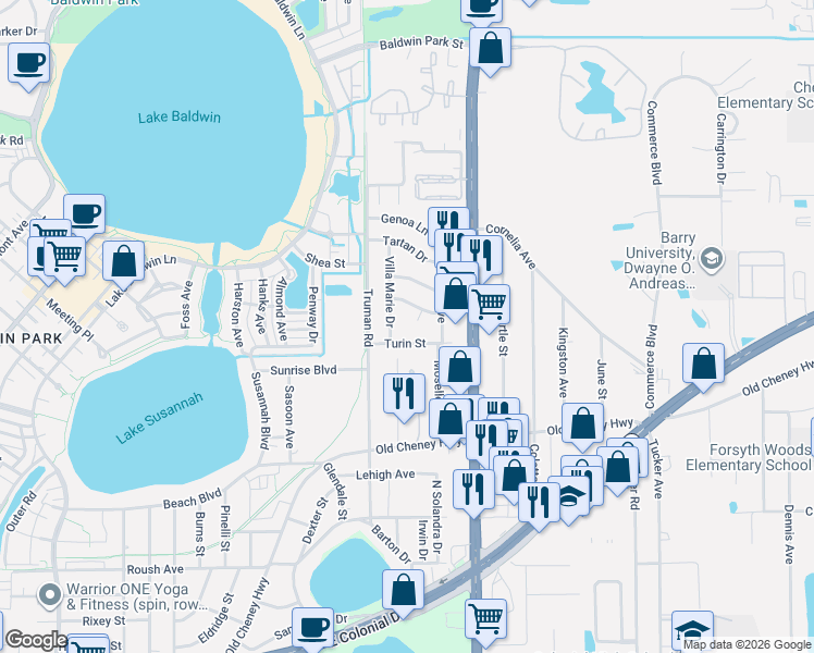 map of restaurants, bars, coffee shops, grocery stores, and more near 5504 Barma Street in Orlando