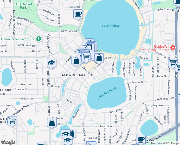 map of restaurants, bars, coffee shops, grocery stores, and more near 108 Meeting Place in Orlando