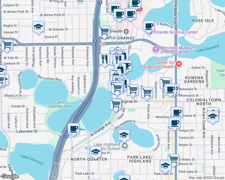 map of restaurants, bars, coffee shops, grocery stores, and more near 301 Northeast Ivanhoe Boulevard in Orlando