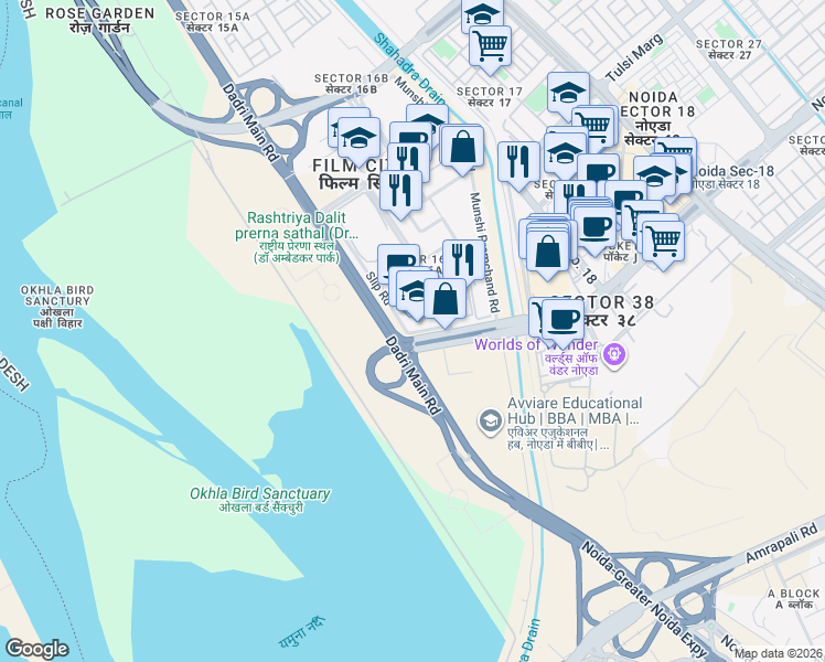 map of restaurants, bars, coffee shops, grocery stores, and more near in Noida