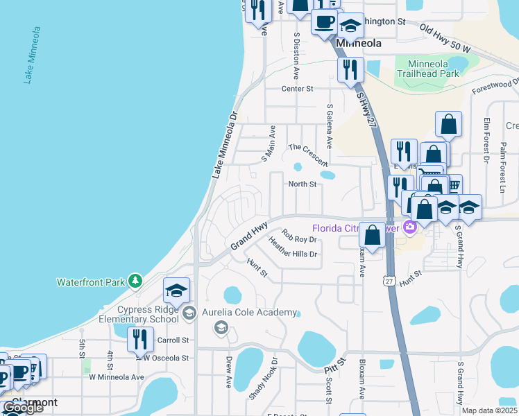 map of restaurants, bars, coffee shops, grocery stores, and more near 328 Nautica Mile Drive in Clermont