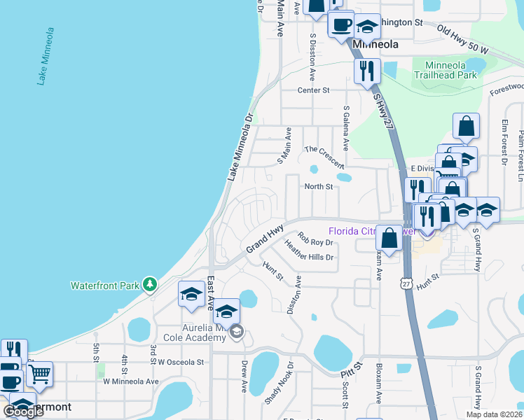 map of restaurants, bars, coffee shops, grocery stores, and more near 192 Riggings Way in Clermont