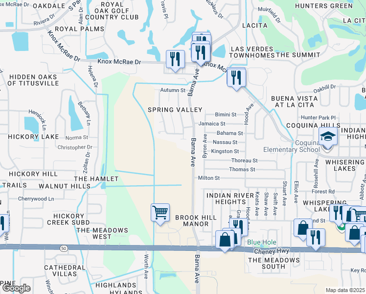 map of restaurants, bars, coffee shops, grocery stores, and more near 4130 Barna Avenue in Titusville