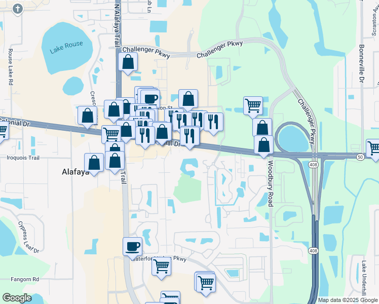 map of restaurants, bars, coffee shops, grocery stores, and more near 12000 East Colonial Drive in Orlando