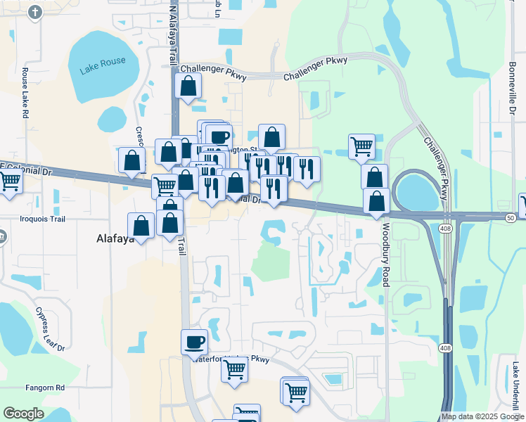 map of restaurants, bars, coffee shops, grocery stores, and more near 12000 East Colonial Drive in Orlando