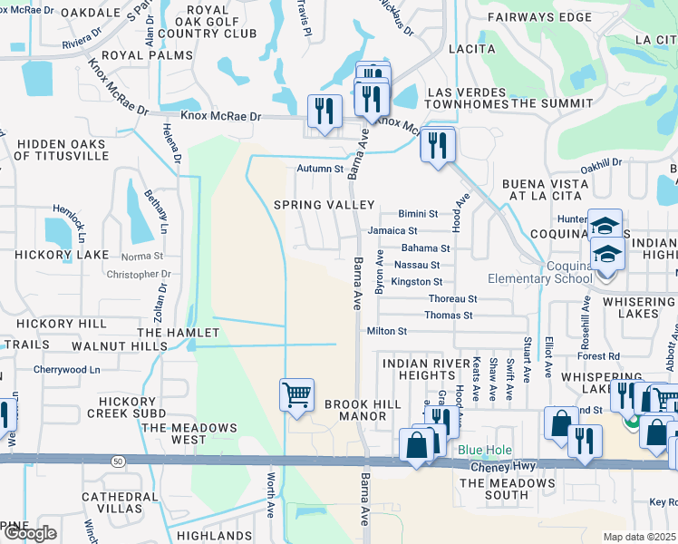 map of restaurants, bars, coffee shops, grocery stores, and more near 4160 Barna Avenue in Titusville