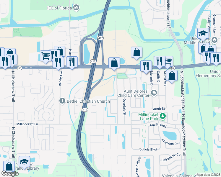 map of restaurants, bars, coffee shops, grocery stores, and more near 1602 Constantine Street in Orlando