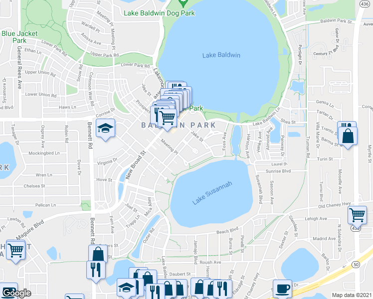map of restaurants, bars, coffee shops, grocery stores, and more near 1483 Lake Baldwin Lane in Orlando