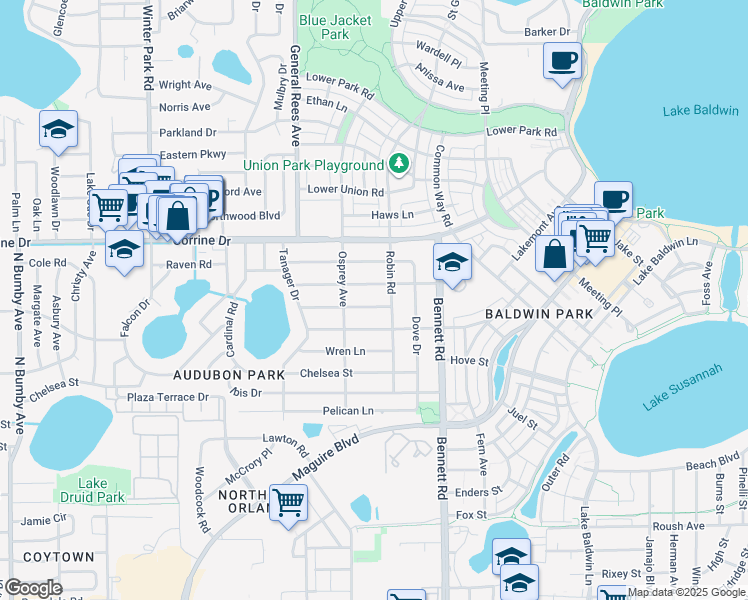 map of restaurants, bars, coffee shops, grocery stores, and more near 1502 Robin Road in Orlando