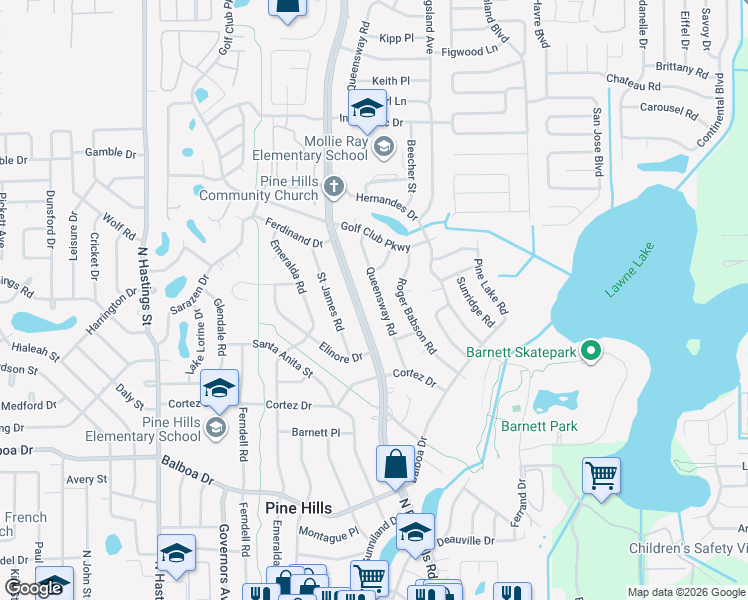 map of restaurants, bars, coffee shops, grocery stores, and more near 1519 Queensway Road in Orlando