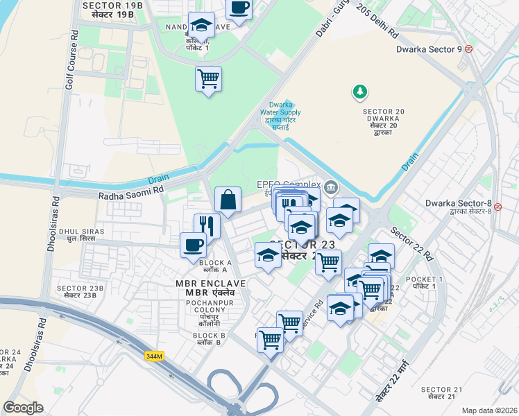 map of restaurants, bars, coffee shops, grocery stores, and more near Sector 23 Road in New Delhi
