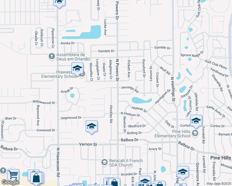 map of restaurants, bars, coffee shops, grocery stores, and more near 1906 North Powers Drive in Orlando