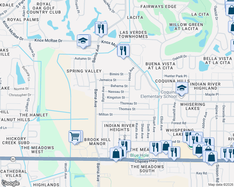 map of restaurants, bars, coffee shops, grocery stores, and more near 1630 Nassau Street in Titusville