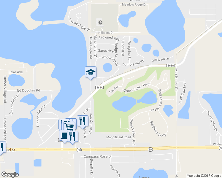 map of restaurants, bars, coffee shops, grocery stores, and more near 8515 Doral Drive in Clermont