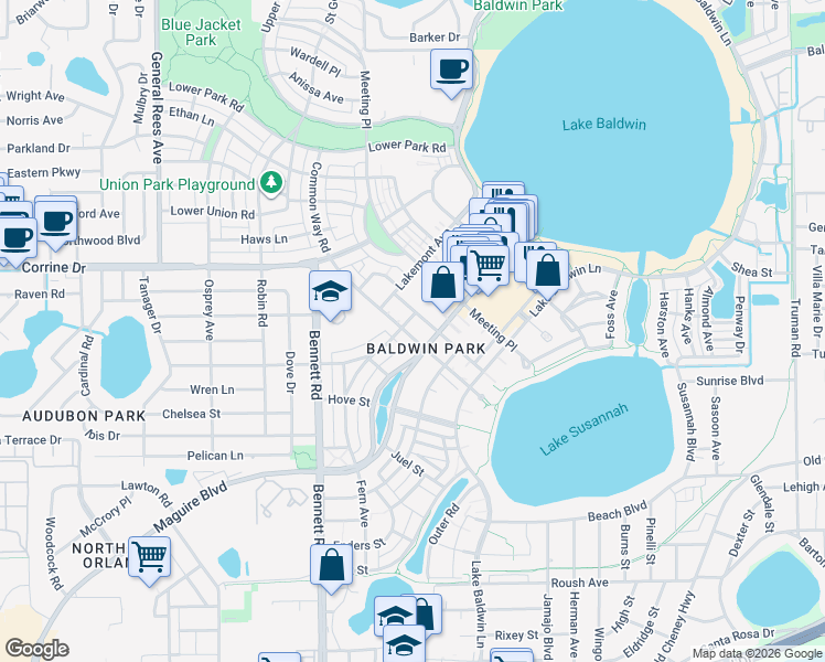 map of restaurants, bars, coffee shops, grocery stores, and more near 4556 Virginia Drive in Orlando