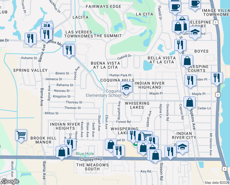 map of restaurants, bars, coffee shops, grocery stores, and more near 4174 David Drive in Titusville