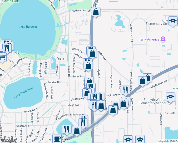 map of restaurants, bars, coffee shops, grocery stores, and more near 1503 Moselle Avenue in Orlando