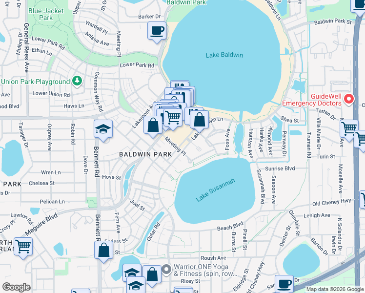 map of restaurants, bars, coffee shops, grocery stores, and more near 1483 Lake Baldwin Lane in Orlando