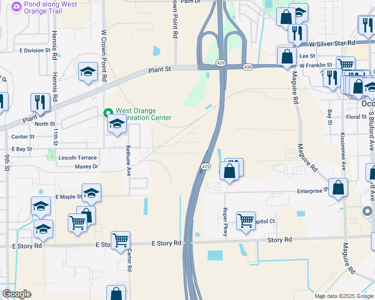 map of restaurants, bars, coffee shops, grocery stores, and more near 1648 Trumbo Street in Winter Garden