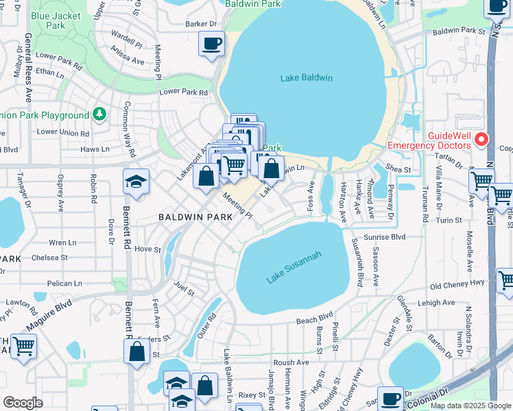 map of restaurants, bars, coffee shops, grocery stores, and more near 1483 Lake Baldwin Lane in Orlando