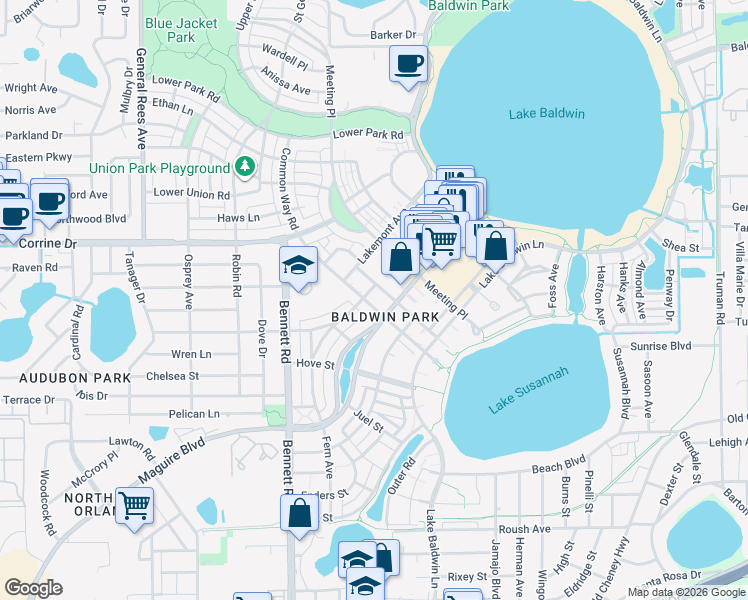 map of restaurants, bars, coffee shops, grocery stores, and more near 4556 Virginia Drive in Orlando