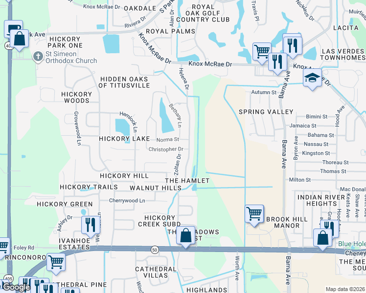 map of restaurants, bars, coffee shops, grocery stores, and more near 2527 Norma Street in Titusville