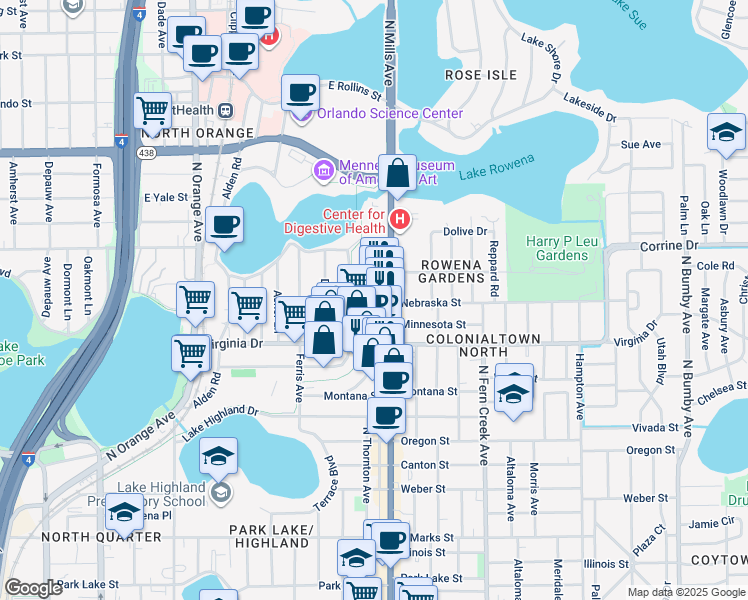 map of restaurants, bars, coffee shops, grocery stores, and more near 1650 North Mills Avenue in Orlando