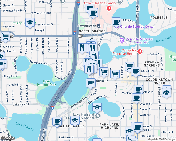 map of restaurants, bars, coffee shops, grocery stores, and more near 301 Northeast Ivanhoe Boulevard in Orlando