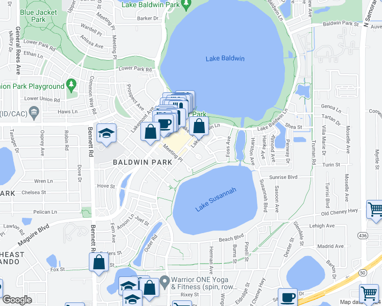 map of restaurants, bars, coffee shops, grocery stores, and more near 1475 Lake Baldwin Lane in Orlando