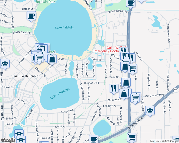 map of restaurants, bars, coffee shops, grocery stores, and more near 5334 Horton Lane in Orlando