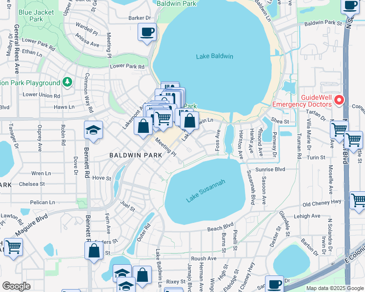 map of restaurants, bars, coffee shops, grocery stores, and more near 1483 Lake Baldwin Lane in Orlando