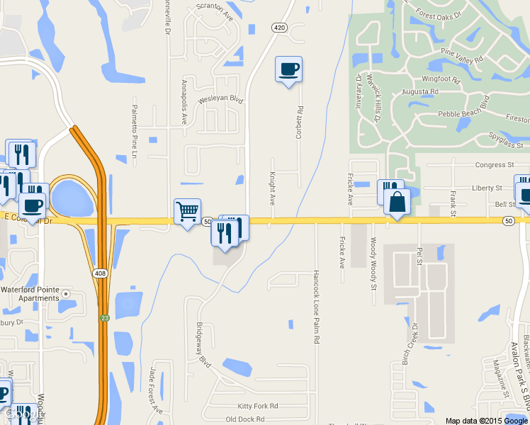 map of restaurants, bars, coffee shops, grocery stores, and more near 13761 East Colonial Drive in Orlando