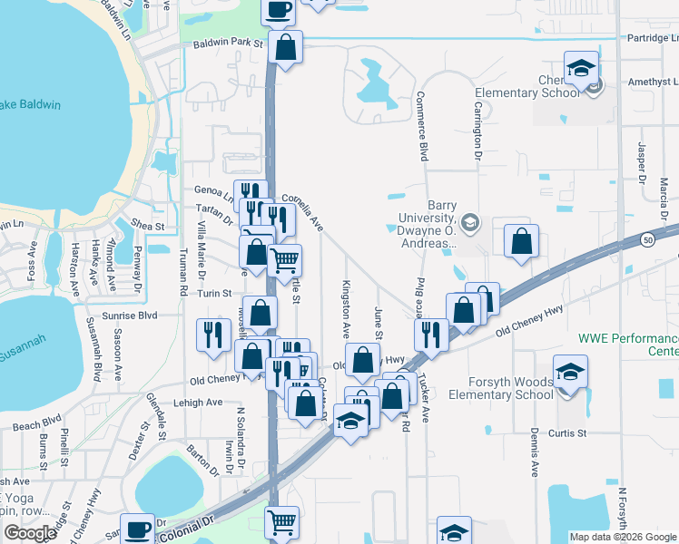 map of restaurants, bars, coffee shops, grocery stores, and more near 1502 Kingston Avenue in Orlando