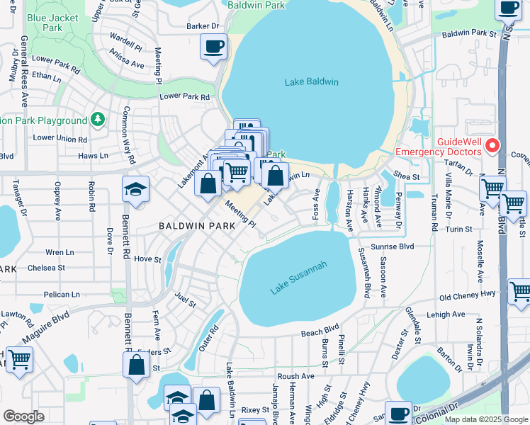 map of restaurants, bars, coffee shops, grocery stores, and more near 1483 Lake Baldwin Lane in Orlando