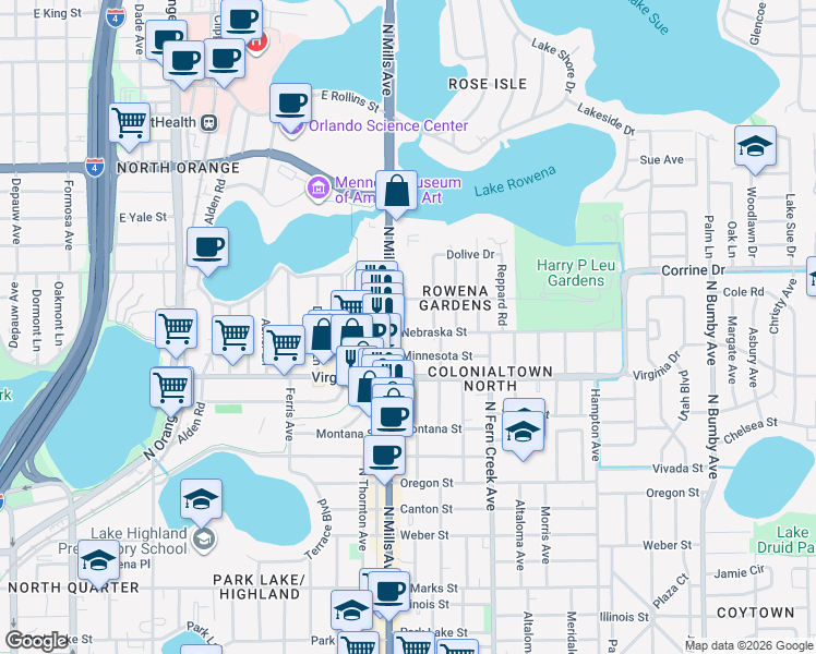 map of restaurants, bars, coffee shops, grocery stores, and more near 1610 Flamingo Drive in Orlando