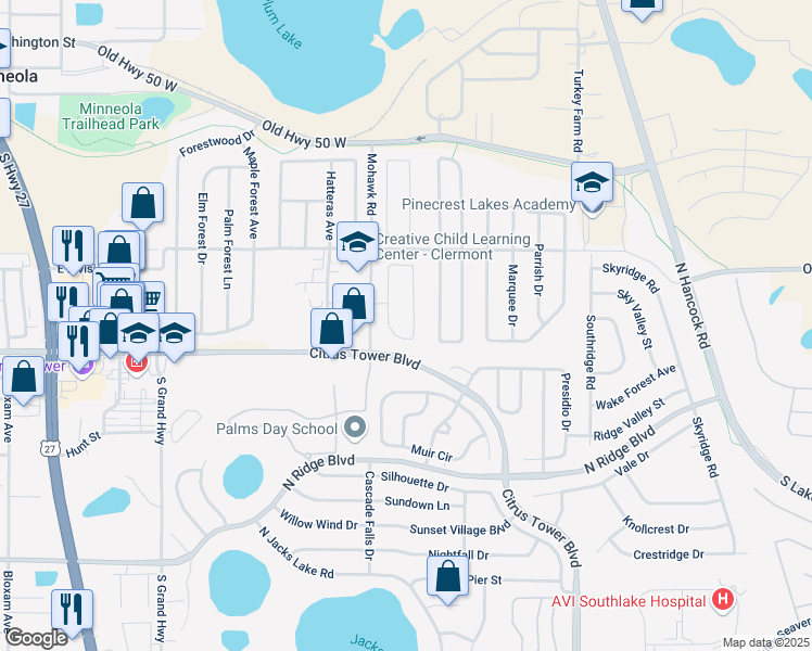 map of restaurants, bars, coffee shops, grocery stores, and more near 1119 Chelsea Parc Drive in Minneola