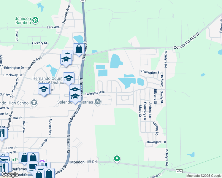 map of restaurants, bars, coffee shops, grocery stores, and more near 3092 Westland Road in Brooksville
