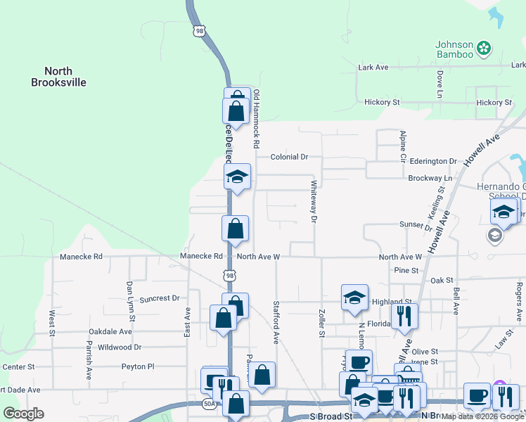 map of restaurants, bars, coffee shops, grocery stores, and more near 529 Oakhill Court in Brooksville