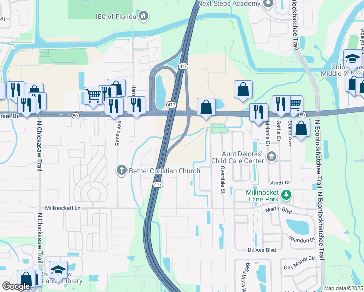 map of restaurants, bars, coffee shops, grocery stores, and more near Central Florida GreeneWay in Orange County