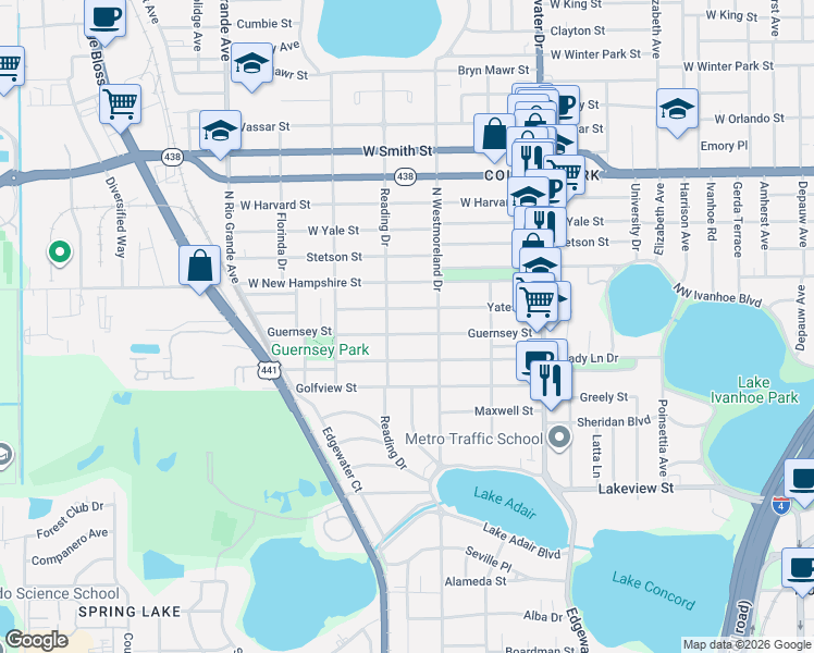 map of restaurants, bars, coffee shops, grocery stores, and more near 1027 Guernsey Street in Orlando