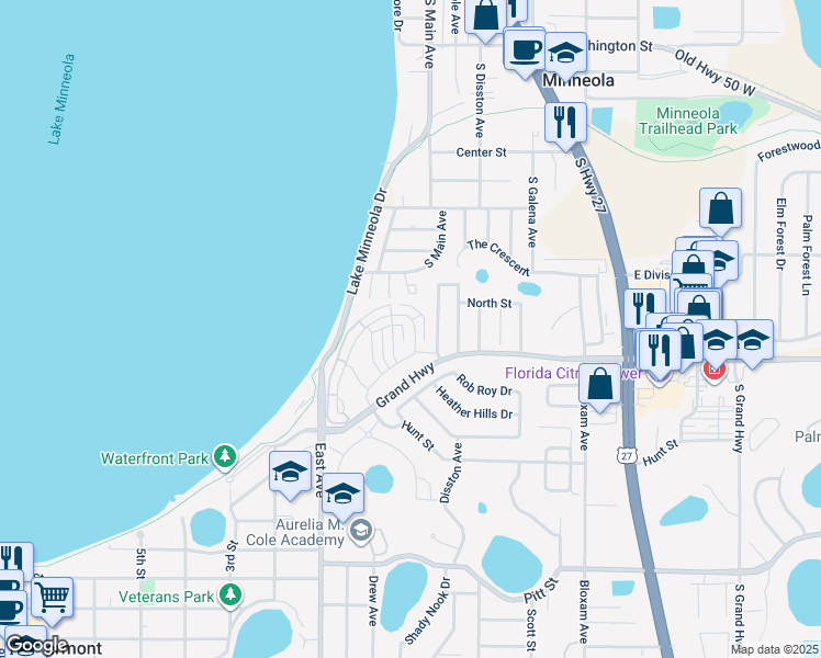 map of restaurants, bars, coffee shops, grocery stores, and more near 309 Nautica Mile Drive in Clermont