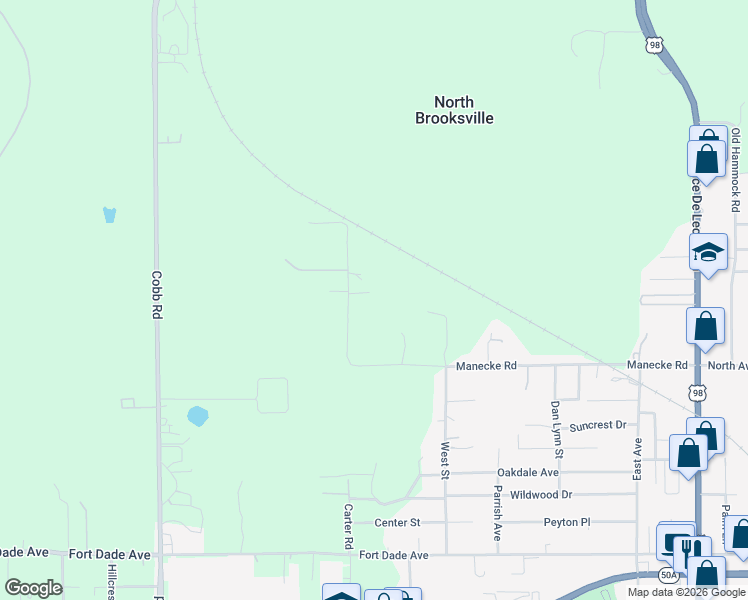 map of restaurants, bars, coffee shops, grocery stores, and more near 19653 Manecke Road in Brooksville