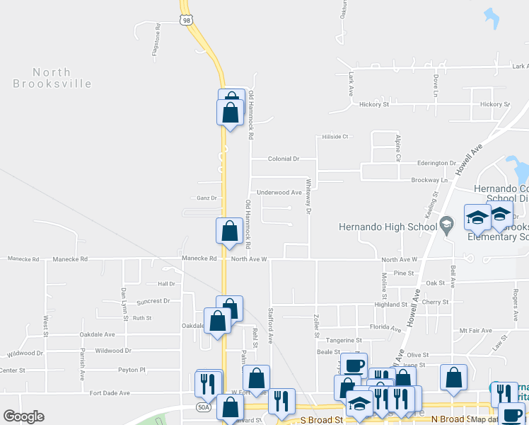 map of restaurants, bars, coffee shops, grocery stores, and more near 529 Oakhill Court in Brooksville