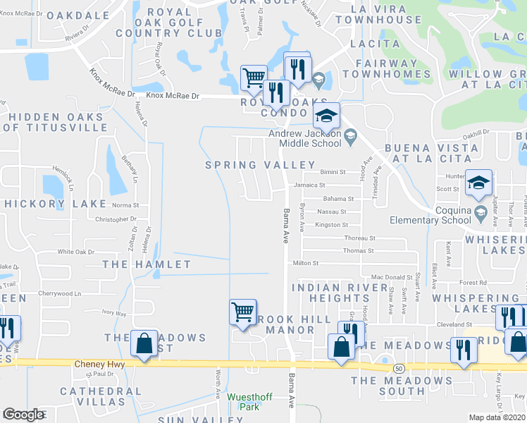 map of restaurants, bars, coffee shops, grocery stores, and more near 4130 Barna Avenue in Titusville
