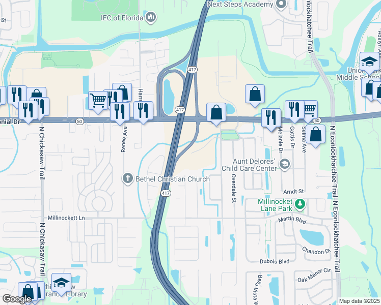 map of restaurants, bars, coffee shops, grocery stores, and more near Central Florida GreeneWay in Orange County