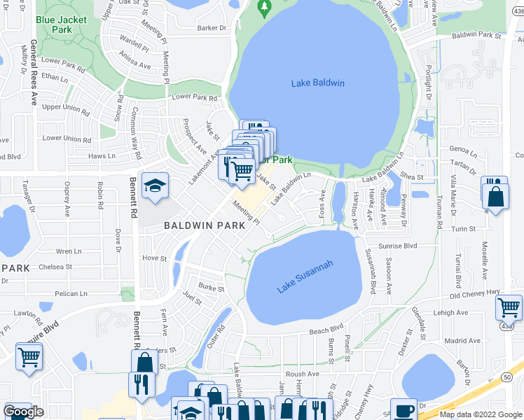 map of restaurants, bars, coffee shops, grocery stores, and more near 1483 Lake Baldwin Lane in Orlando