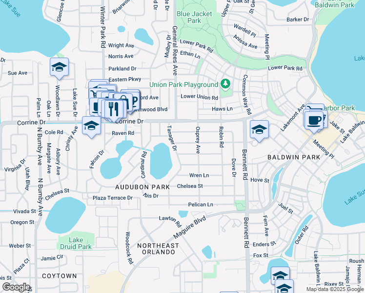 map of restaurants, bars, coffee shops, grocery stores, and more near 3632 Bobolink Lane in Orlando