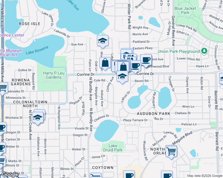 map of restaurants, bars, coffee shops, grocery stores, and more near 1604 Christy Avenue in Orlando