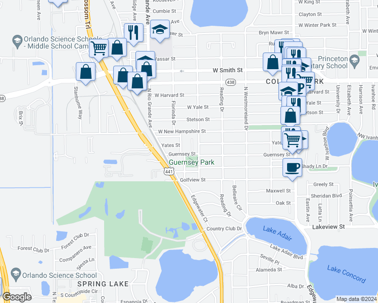 map of restaurants, bars, coffee shops, grocery stores, and more near 1605 Florinda Drive in Orlando