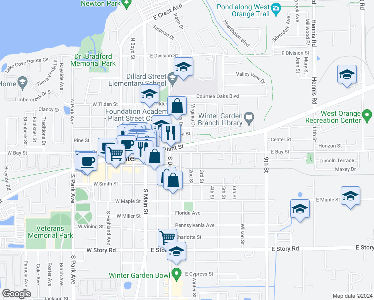 map of restaurants, bars, coffee shops, grocery stores, and more near 290 East Plant Street in Winter Garden